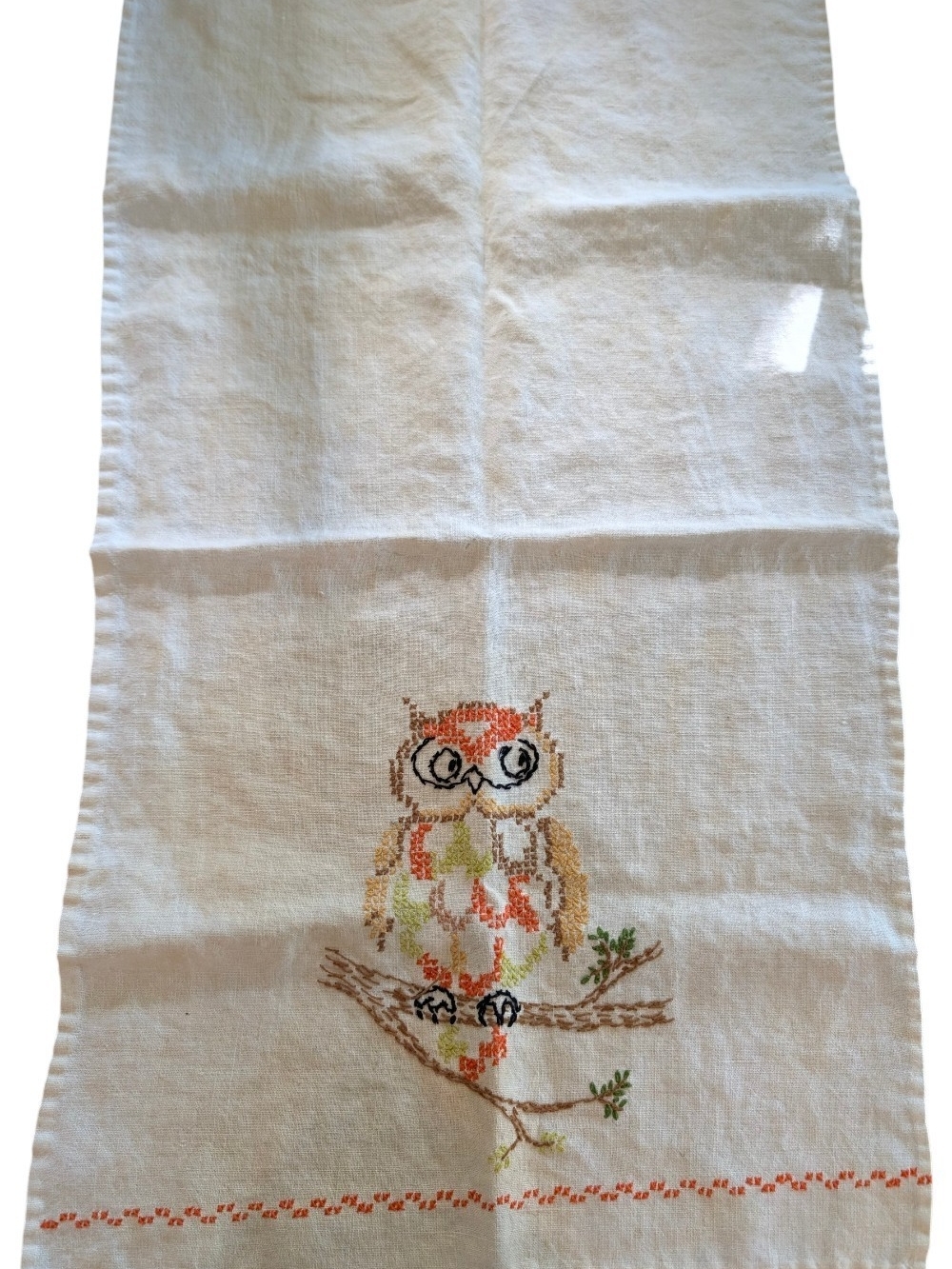Hand-Embroidered Owl Linen Tea Towel in Cream